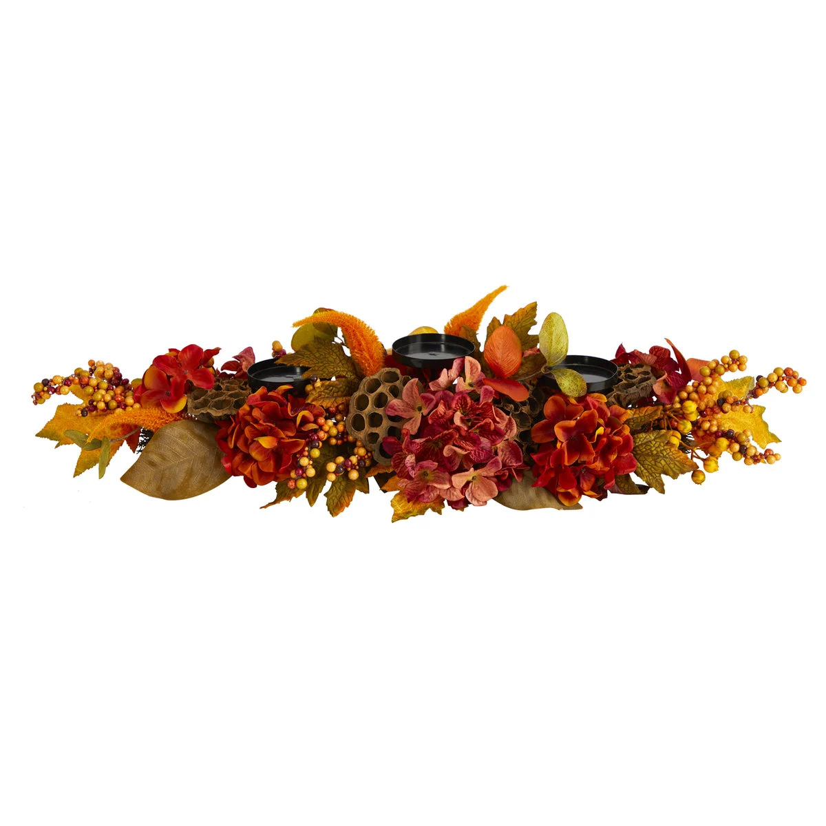 Nearly Natural 32`` Fall Hydrangea, Lotus Seed and Berries Artificial Candelabrum Arrangement
