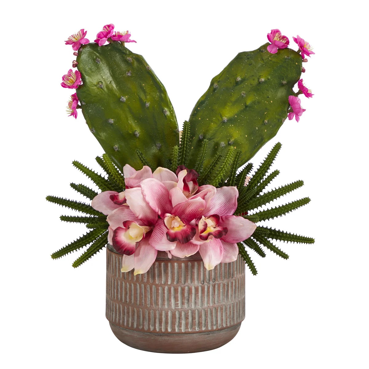 Nearly Natural 18`` Cymbidium Orchid and Cactus Artificial Arrangement in Stoneware Vase