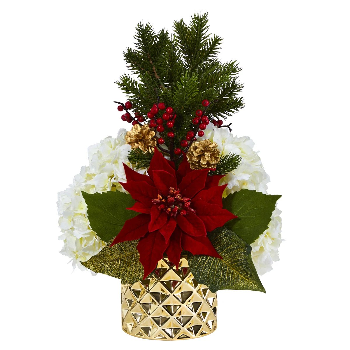 Nearly Natural 18`` Hydrangea, Poinsettia, Berry and Pine Artificial Arrangement in Gold Vase