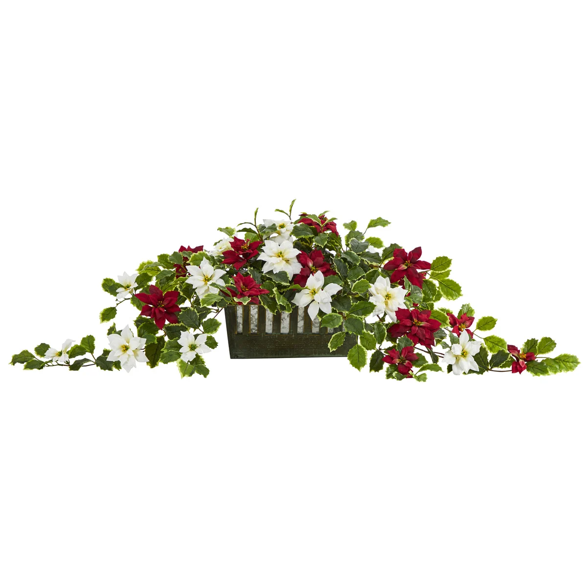 Nearly Natural 39``Poinsettia and Variegated Holly Artificial Plant in Decorative Planter (Real Touch)