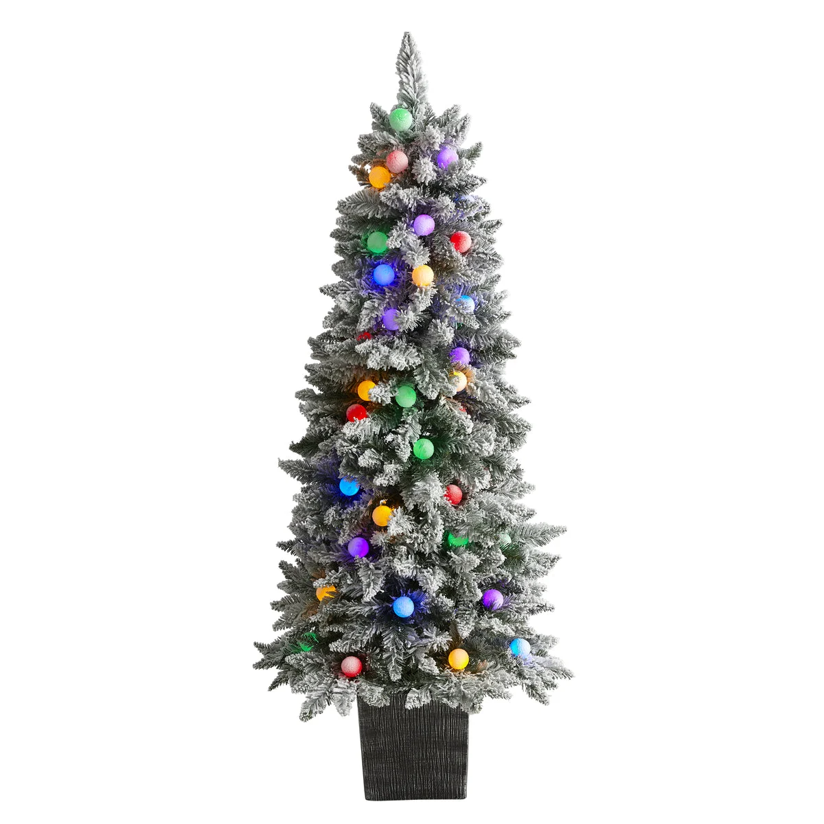 Nearly Natural 5` Flocked British Columbia Mountain Fir Artificial Christmas Tree in Decorative Planter with 50 Multi Color Globe Bulbs and 379 Bendable Branches