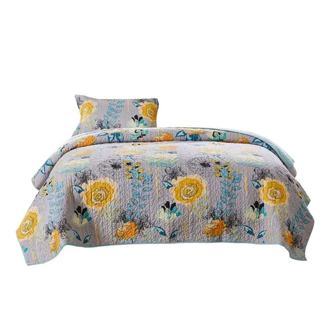 Benzara 2 Piece Twin Size Fabric Quilt with Floral Pattern, Multicolor