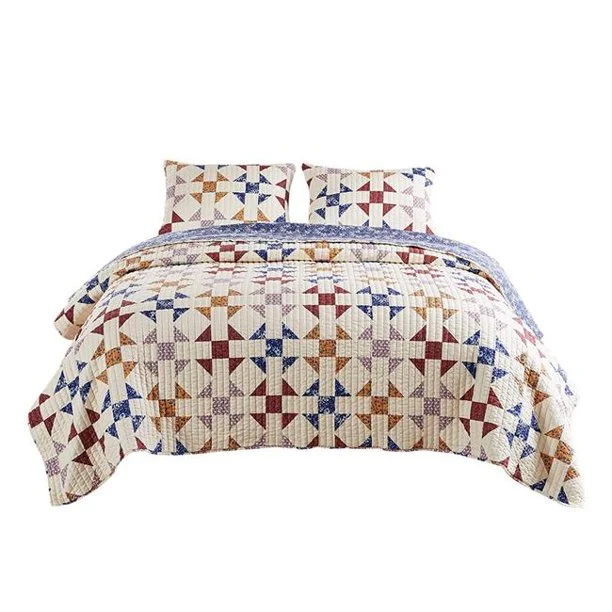Benzara 3 Piece Microfiber Full Size Quilt Set with Geometric Print, Multicolor