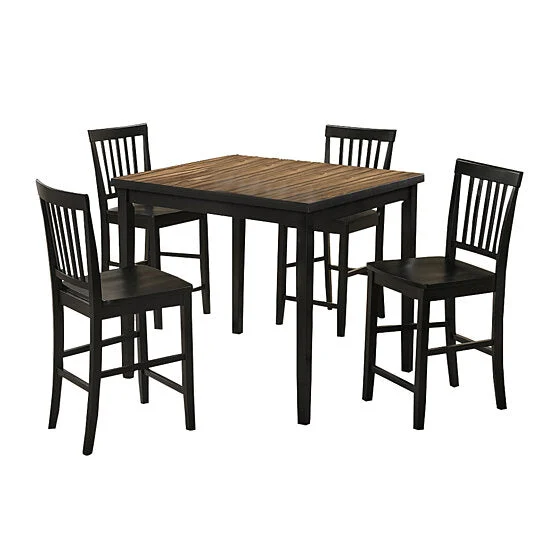 Benzara 5 Piece Wooden Counter Dining Set with Slatted Back Chairs, Brown and Black