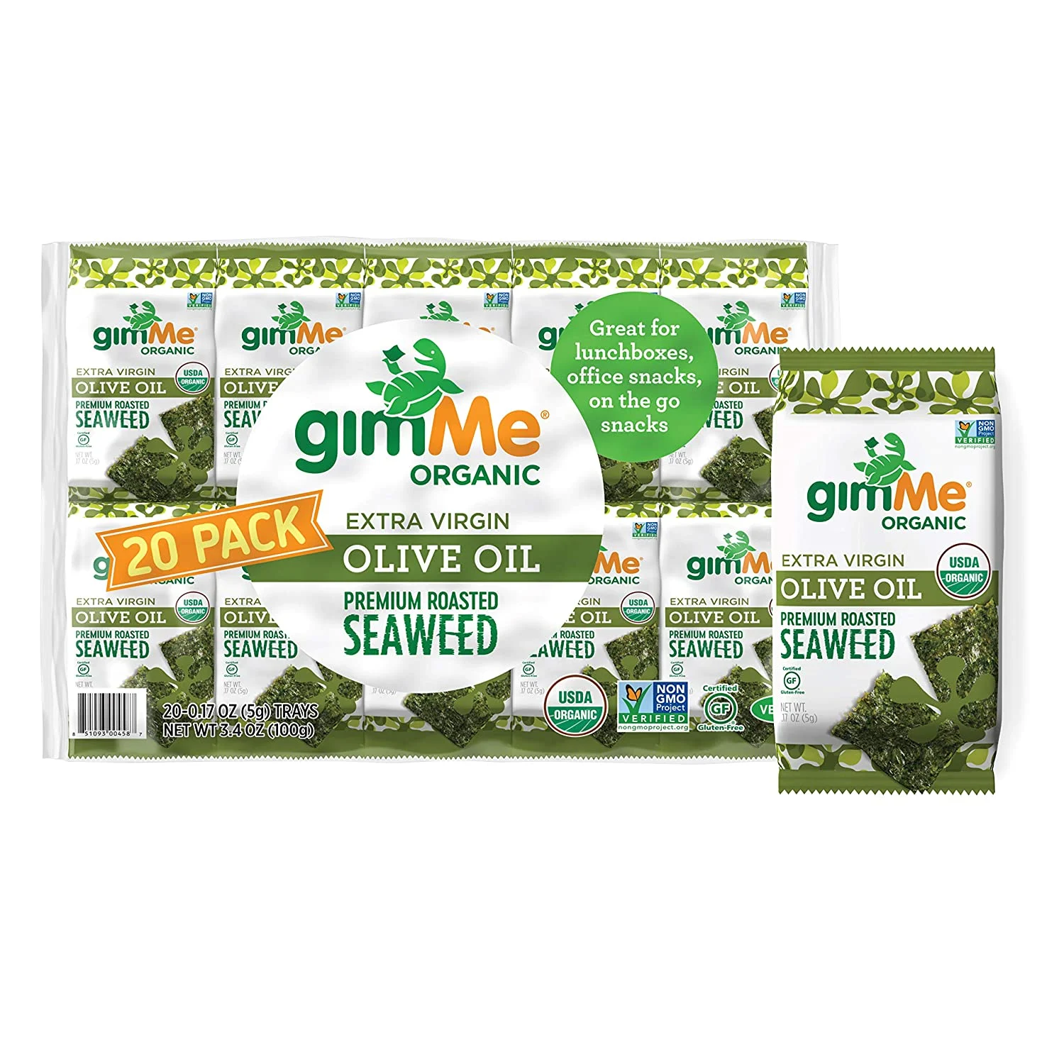 gimMe Organic Roasted Seaweed Sheets – Extra Virgin Olive Oil – 20 Ct