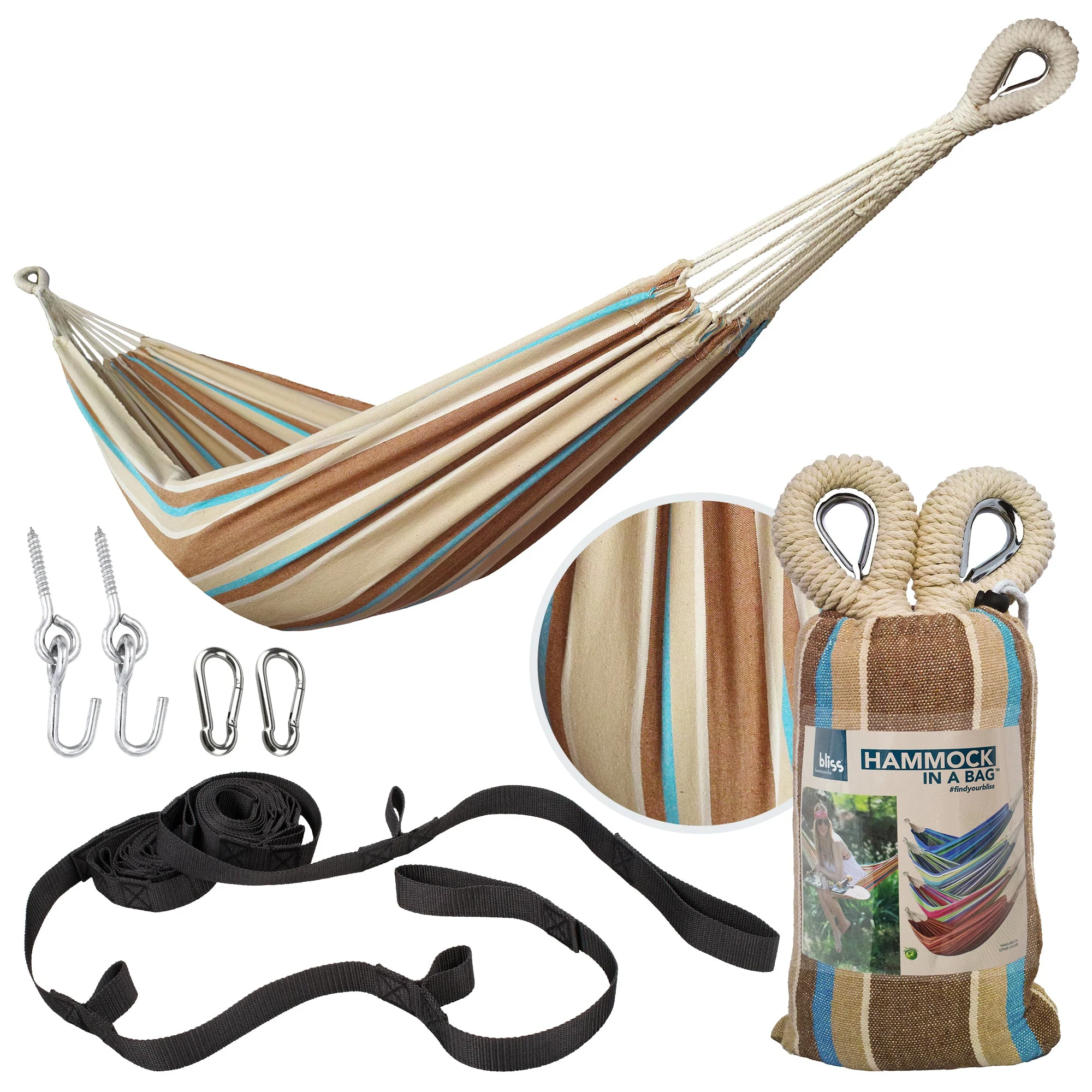 Bliss Hammocks Single Hammock w/ Rope Loops & Tree Straps, 220lb, Hampton Stripe