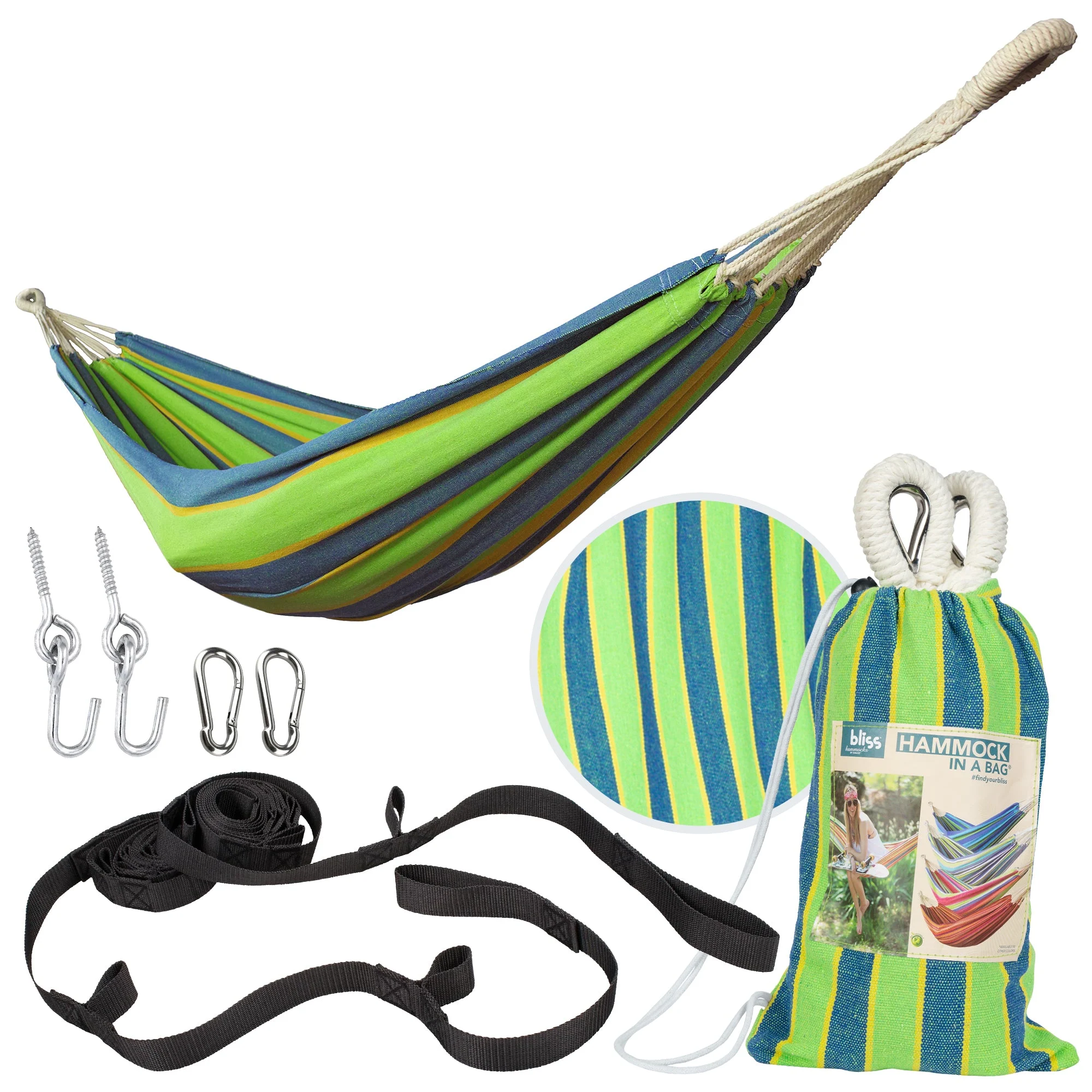 Bliss Hammocks Single Hammock w/ Rope Loops & Tree Straps, 220lb, Mediterranean