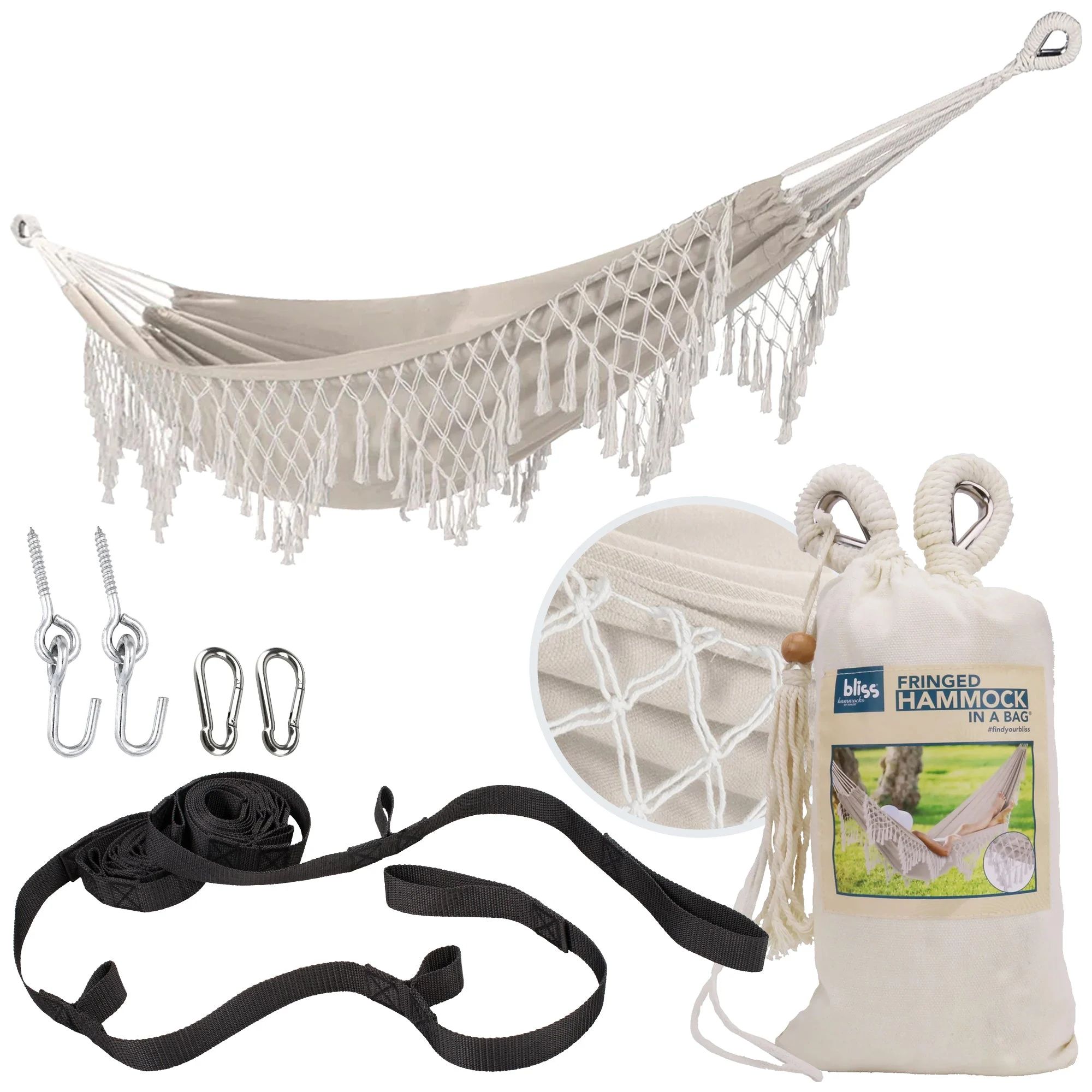 Bliss Hammocks Fringed Hammock w/ Rope Loops & Tree Straps, 250 lb, Natural
