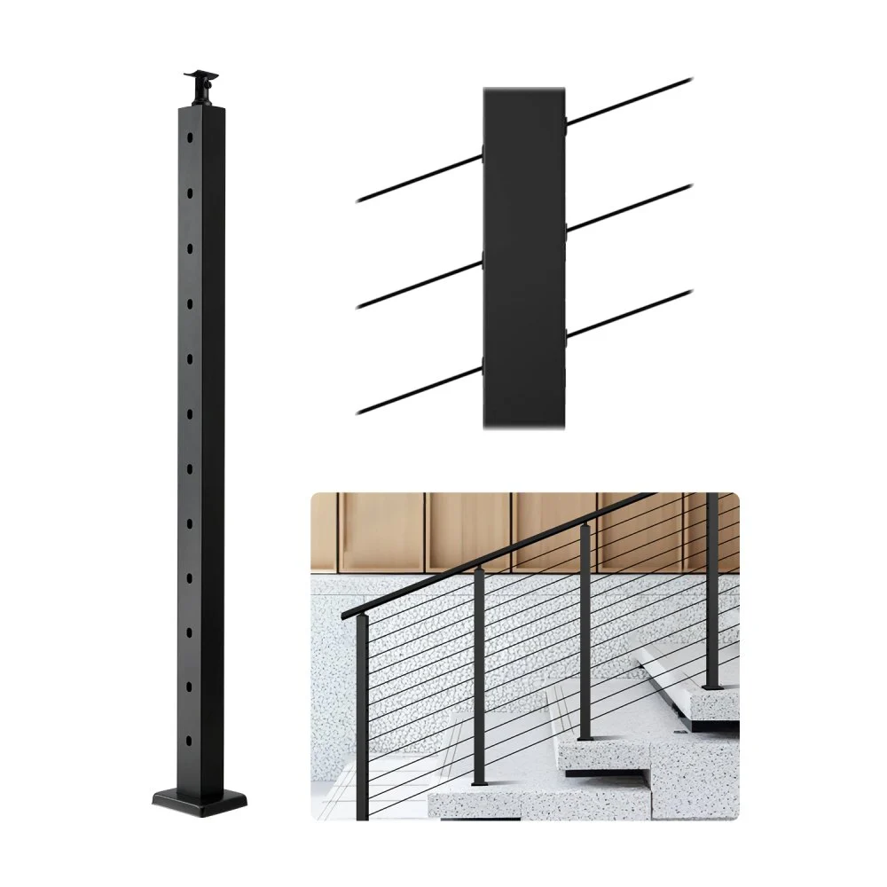 VEVOR Cable Railing Post, 42x2x2 Inch Stair Railing Post, with Pre-Drilled 30° Angled Holes, Stainless Steel Cable Rail Post with Horizontal and Curved Bracket, 1-Pack, Black, 1JZLGZXHS106W3XAA001V0