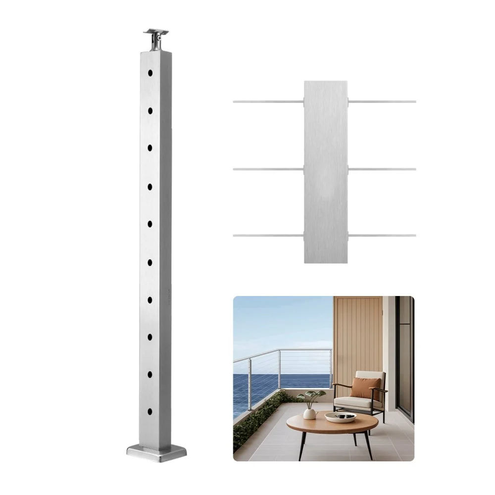 VEVOR Cable Railing Post, 36x1x2 Inch Level Deck Stair Posts, 1-Pack Stainless Steel Cable Handrail Post, Pre-Drilled Pickets with Mounting Bracket Stair Railing Kit, Silver, 1JZLGZXYS914I4BDB001V0