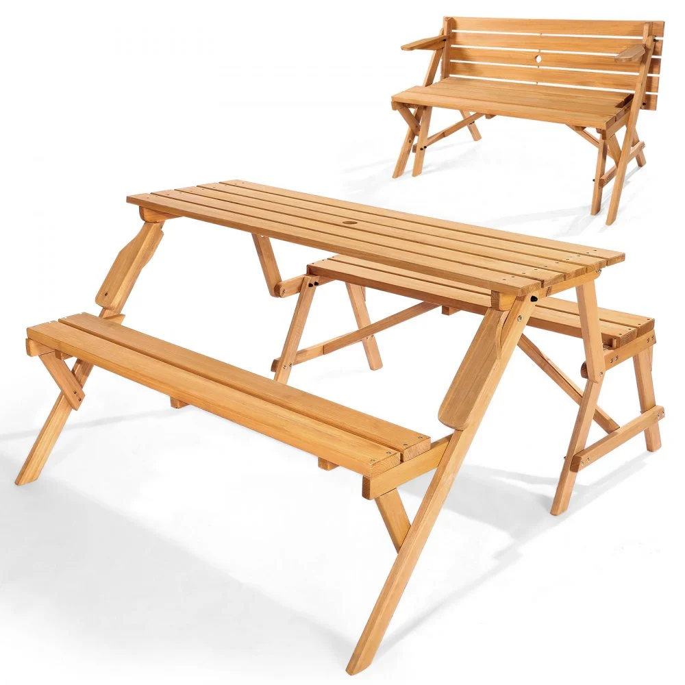 VEVOR 2-in-1 Transforming Interchangeable Picnic Table, Outdoor Wooden Table and Bench Set, Portable Foldable Bench with Umbrella Hole, Patio Dining Furniture for Garden, Backyard, Porch (Brown)