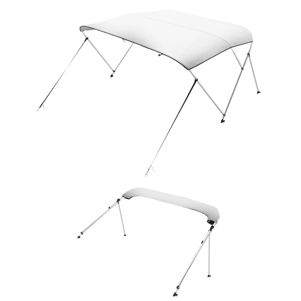 VEVOR 3 Bow Boat Bimini Tops, 600D Polyester Canopy with Aluminum Alloy Frame, Waterproof & Sun Shade Boat Awning Canopy with Storage Bag, 2 Support Poles, 4 Straps, 6'Lx(67"-72")Wx46"H, Light Grey