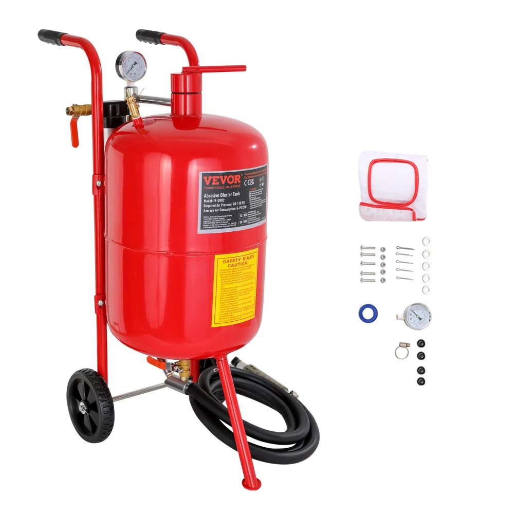 VEVOR 10Gal/40L Sandblaster Equipped with Nozzle Shut-Off Valve Pressure Gauge Ceramic Nozzle 2.5m Hose Filling Funnel Watertrap 6" Rubber Wheels Grit Power Sand Blasters Portable Sandblasting Equipm