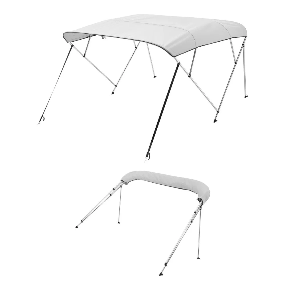VEVOR 4 Bow Boat Bimini Tops, 600D Polyester Canopy with Aluminum Alloy Frame, Waterproof & Sun Shade Boat Awning Canopy with Storage Bag, 2 Support Poles, 4 Straps, 8'Lx(91"-96")Wx54"H, Light Grey