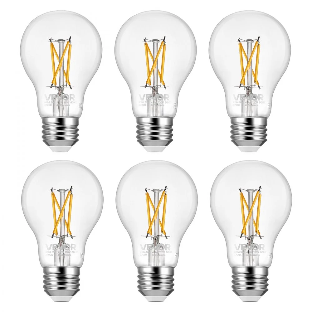 VEVOR 6 Pack Edison Bulbs LED, A19 Vintage Edison Light Bulbs, 4.5W Dimmable 450 Lumens, 2700K Warm White, E26 Base LED Filament Bulb, Antique Glass Style for Home, Bedroom, Office, Farmhouse,CRI80+