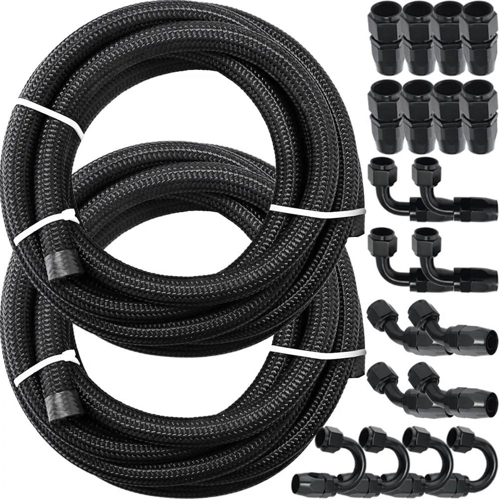 VEVOR 8AN Fuel Line Kit, 32.8' Nylon Stainless Steel Braided Oil Line Hose ID. 11.11 mm/ 0.44 in, with 20 pcs 8AN Universal Fitting Adapter Set with Aluminum Hose End, Black