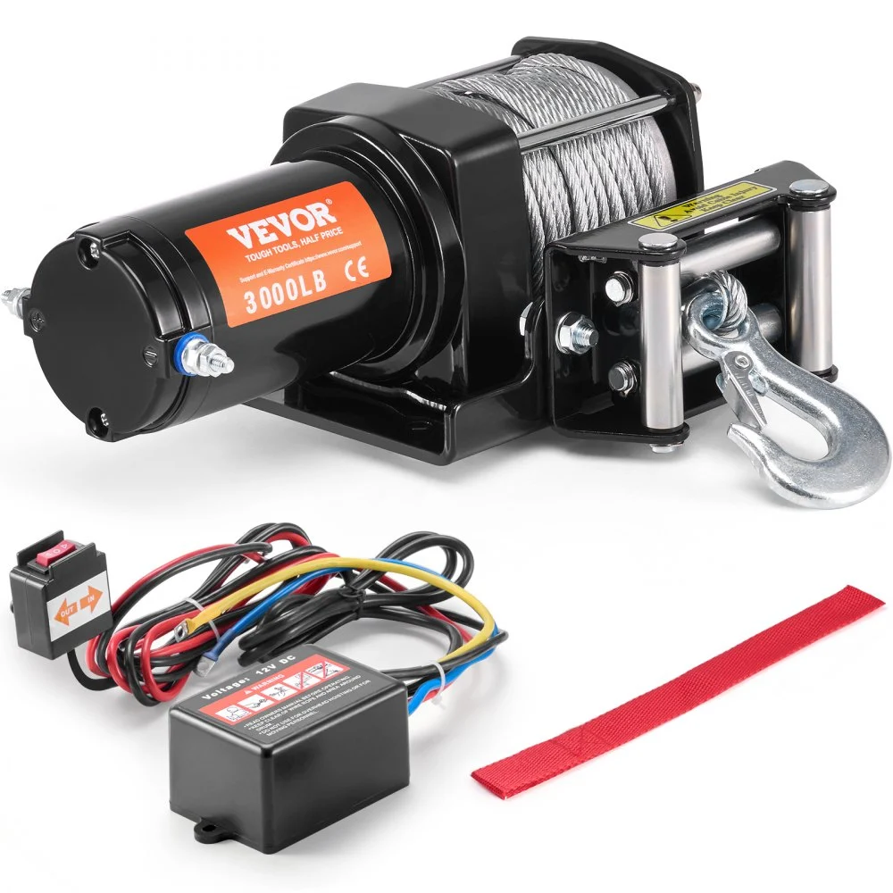 VEVOR Electric Winch, 3000 lb Line Pull Capacity, 12V DC ATV/UTV Winch with Φ3/16 in x 39 ft 7 Strands Steel Cable Roller Fairlead Wired Remote Control, IP55 Waterproof for Towing UTV ATV Off-Road