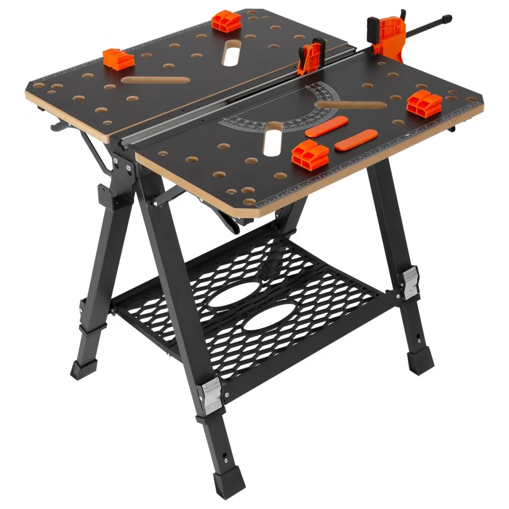 VEVOR Convertible Workstation, Dual-Function as Sawhorse/Workbench, Supports up to 1000 lbs, 7 Height Options, Durable Steel Frame, Compact Folding Design with Wood Clamp, Includes 4 Bench Dogs & 2