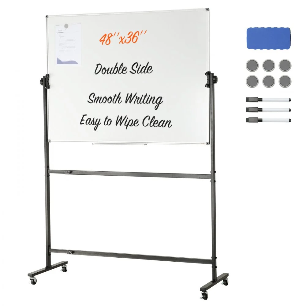 VEVOR Rolling Magnetic Whiteboard, Double-sided Mobile Whiteboard 48x36 Inches, Adjustable Height Dry Erase Board with Wheels, 1 Magnetic Erase & 3 Dry Erase Markers & Movable Tray for Office School