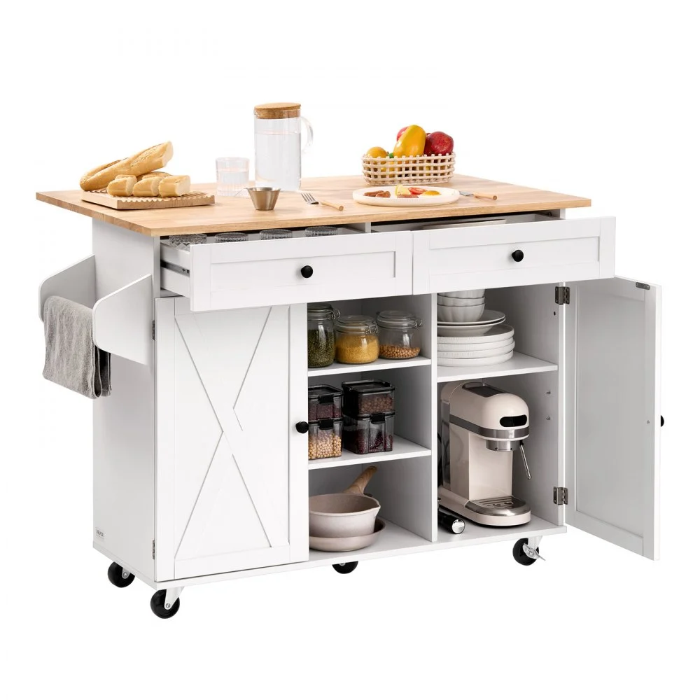 Summer Sale

        
               VEVOR Kitchen Island Cart, with Solid Wood Top and Storage Cabinet, Mobile Rolling Table with Drop Leaf, Drawers, Spice Towel Rack, Portable Islands on Swivel Wheels for Dining Room, 52in Width, White