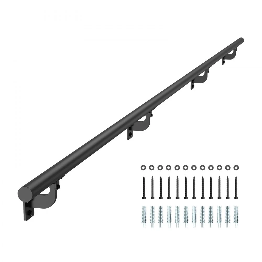 VEVOR Wall Mounted Stair Handrail, 12ft Pipe Staircase Handrail, Black Galvanized Aluminum, 1.26 inch Pipe Diameter, Indoor&Outdoor Staircase Railing,Industrial Hand Rail for Steps,Security Baluster