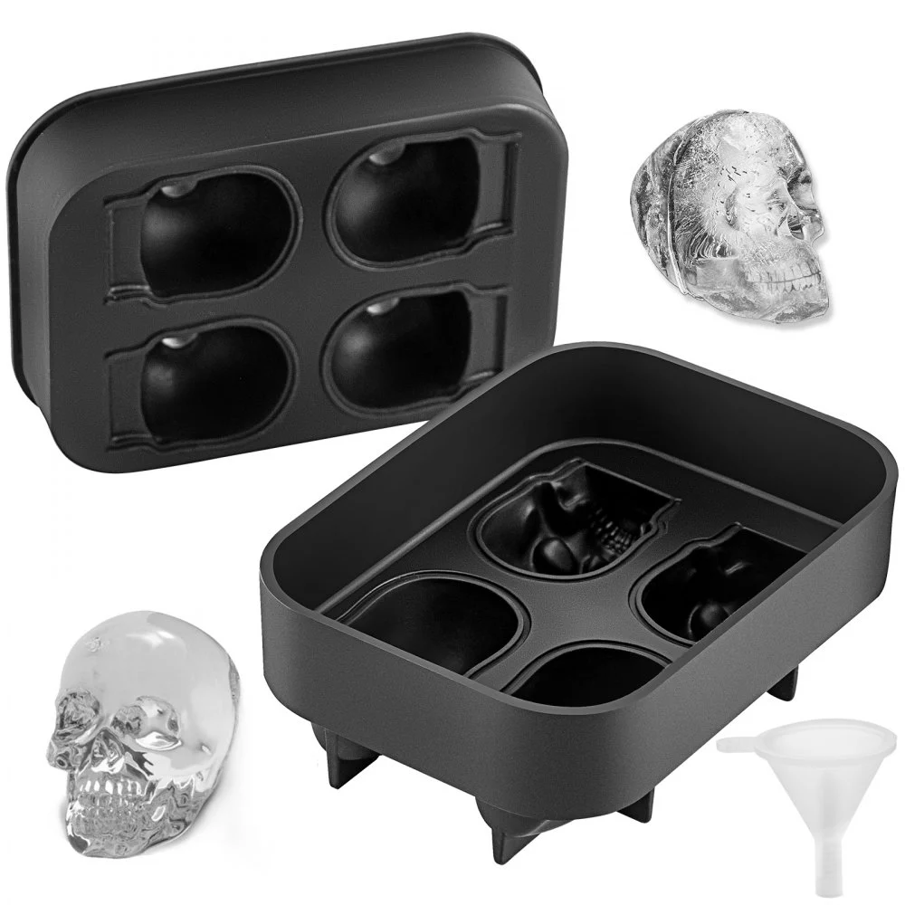 VEVOR Skull Ice Cube Tray, 4-Grid Skull Ice Ball Maker, Flexible Black Silicone Ice Tray with Lid & Funnel, Funny Skull Ice Cubes 1.6"x1.8" Each for Beverage, Chocolate, etc. on Parties & Holidays