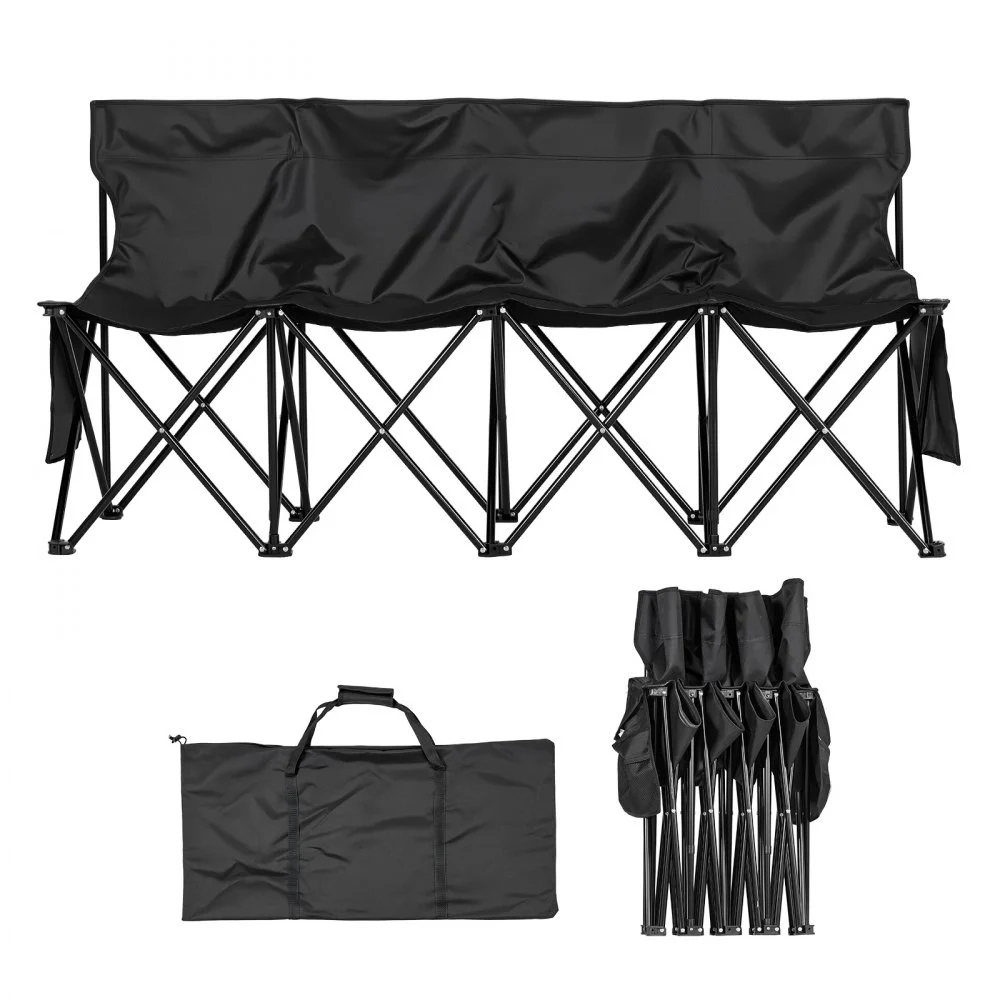 VEVOR Portable Folding Bench, 4 Seat Foldable Soccer Bench with Side Pockets and Carrying Bag, Lightweight Sideline Seating with Back Rest for Football, Baseball, Camping, Outdoor Events, Black