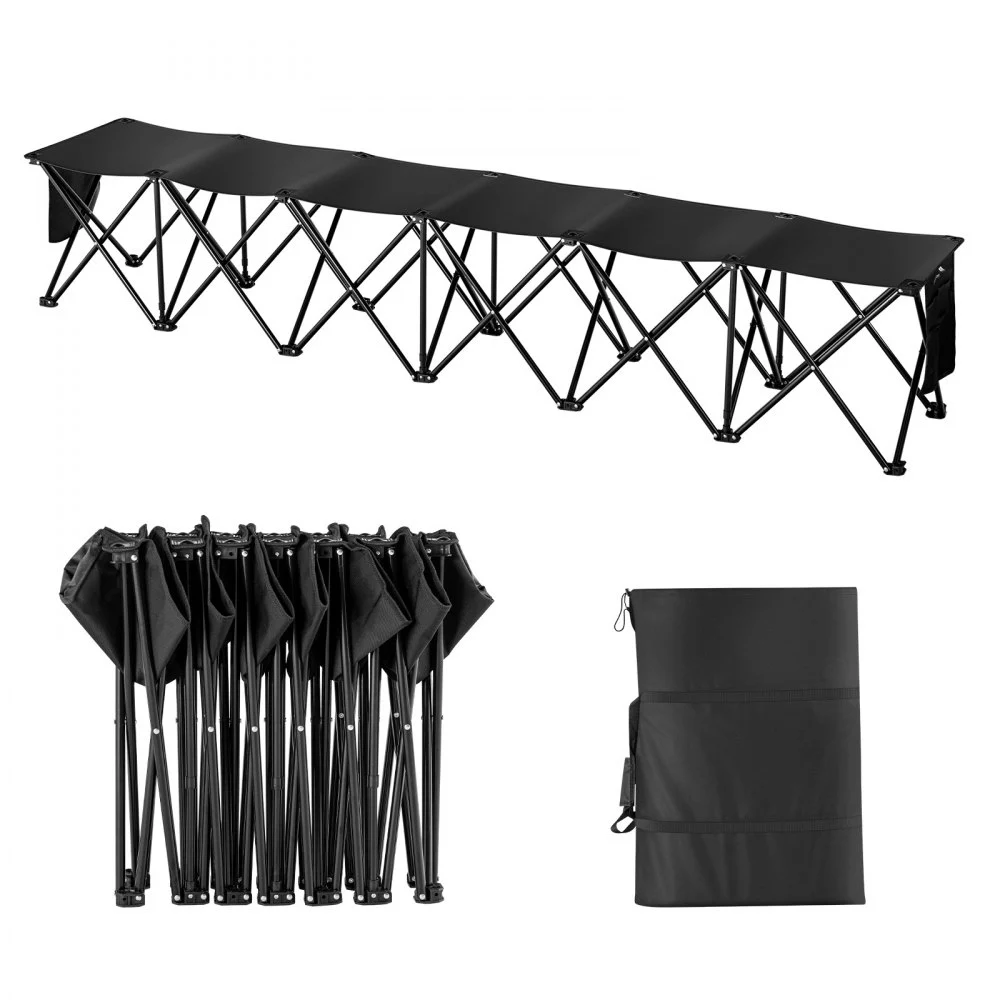 VEVOR Portable Folding Bench, 6 Seat Foldable Soccer Bench with Side Pockets and Carrying Bag, Lightweight 600D Oxford Fabric Sideline Seating, for Football, Baseball, Camping, Outdoor Events, Black