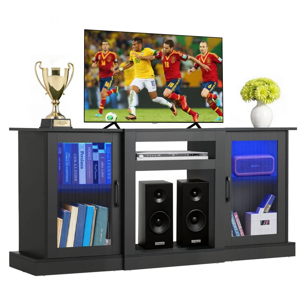 VEVOR TV Stand for TVs up to 65 inch, Modern Entertainment Center with Light Strip, Wooden TV Cabinet Storage with Glass Doors and Adjustable Shelves, Console Table for Living Room and Bedroom, Black