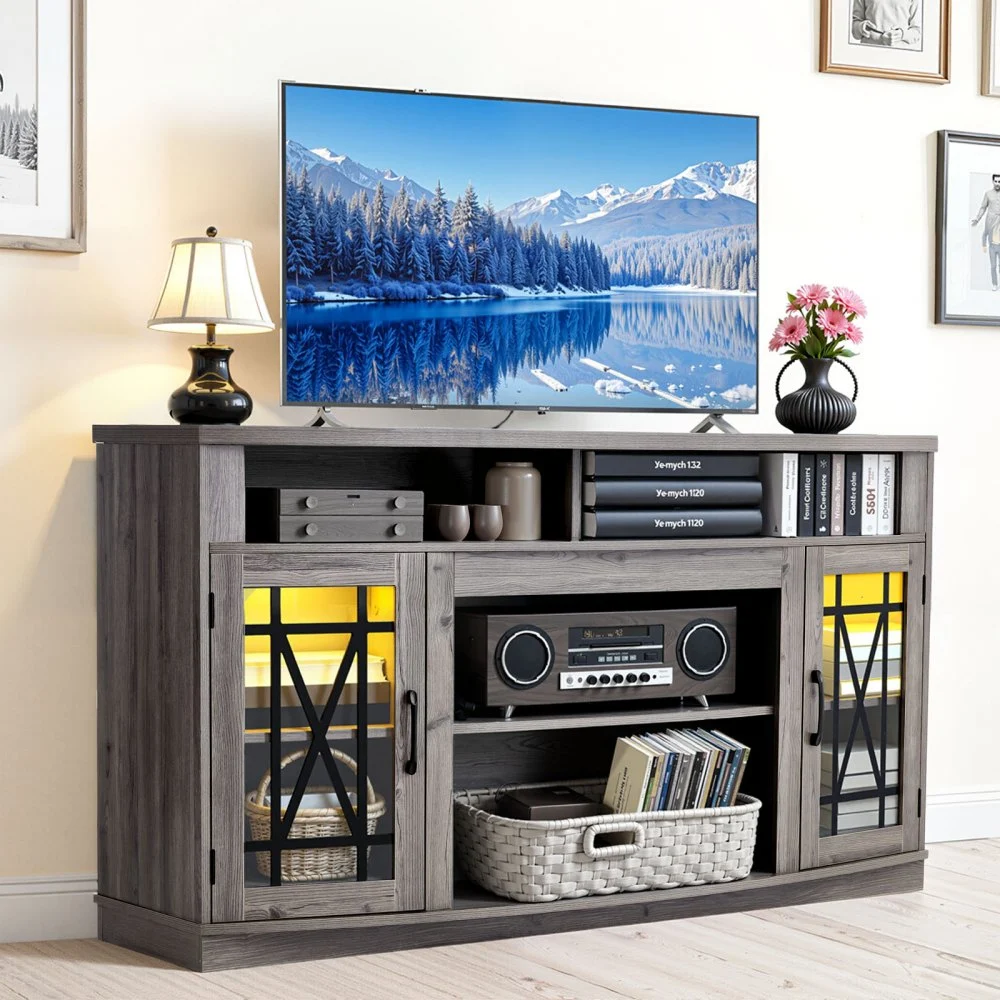 VEVOR TV Stand for TVs up to 65 inch, Farmhouse Entertainment Center with Light Strip, Wooden TV Cabinet Storage with Glass Doors and Adjustable Shelves, Console Table for Living Room, Bedroom, Gray