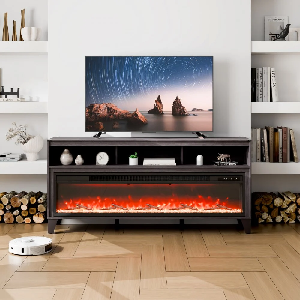 VEVOR 80" Fireplace TV Stand, Media Storage Corner with 60" Fireplace, Storage Drawers & Cabinets, Industrial Style TV Console Table with 20 Flames, Remote Control & Timer for Living Room, Black