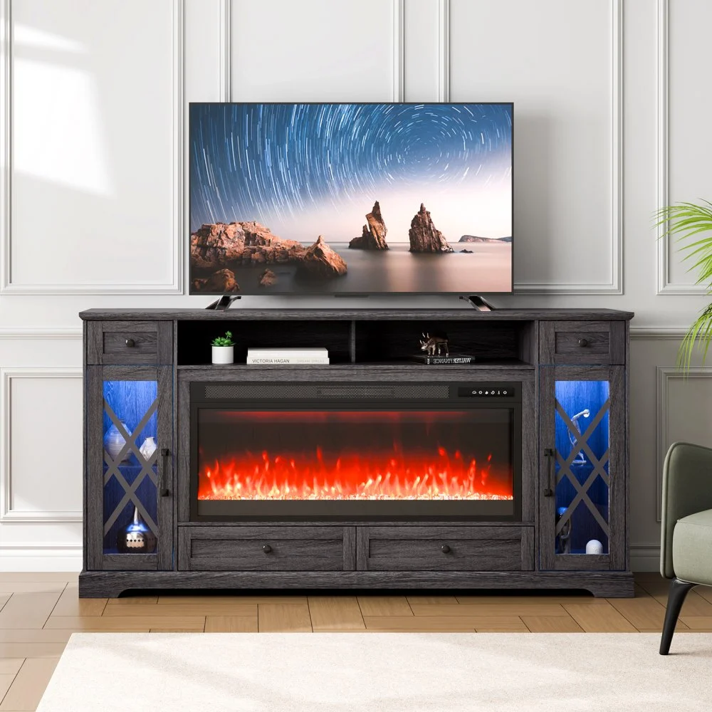 VEVOR 80" Fireplace TV Stand, Media Storage Corner with 42" Fireplace, Storage Drawers & Cabinets, Pastoral TV Console Table with 20 LED Lights, Remote Control and Timer for Living Room, Grey