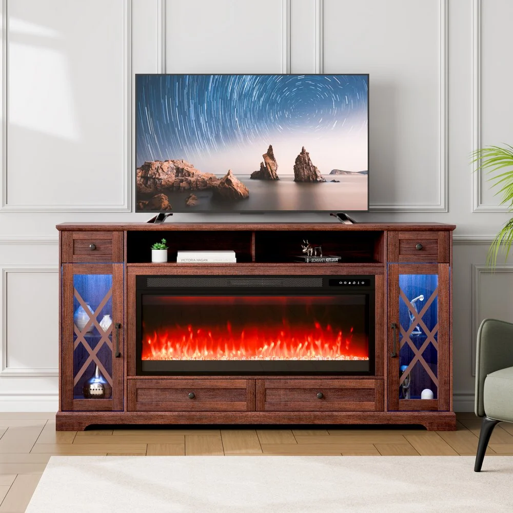 VEVOR 80" Fireplace TV Stand, Media Storage Corner with 42" Fireplace, Storage Drawers & Cabinets, Pastoral TV Console Table with 20 LED Lights, Remote Control and Timer for Living Room, Brown