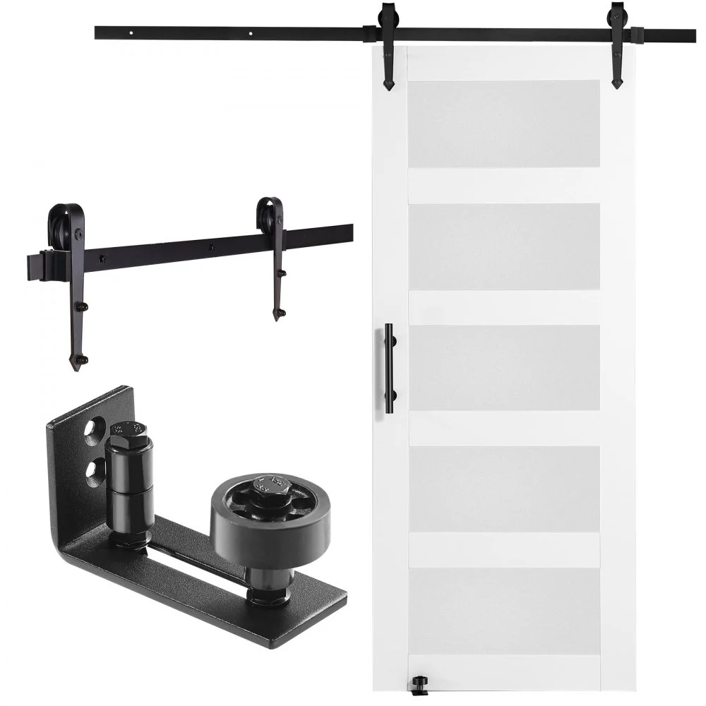 VEVOR Barn Door and Hardware Kit, 30" x 84" Wood and Glass Sliding Barn Door, Smoothly and Quietly, Barn Door Kit with 8-in-1 Floor Guide and Door Handle, Spruce Wood Slab and Frosted Glass