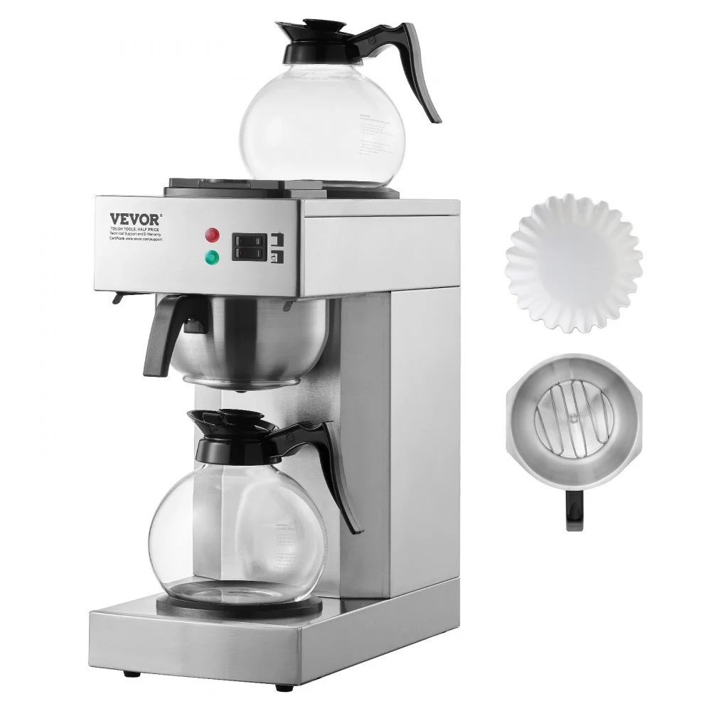 VEVOR 12 Cups Commercial Drip Coffee Maker, Coffee Maker Machine with 2 Glass Carafes and 2 Warmer Plates, Stainless Steel Pour Over Coffee Brewer for Restaurant, Office, Cafe