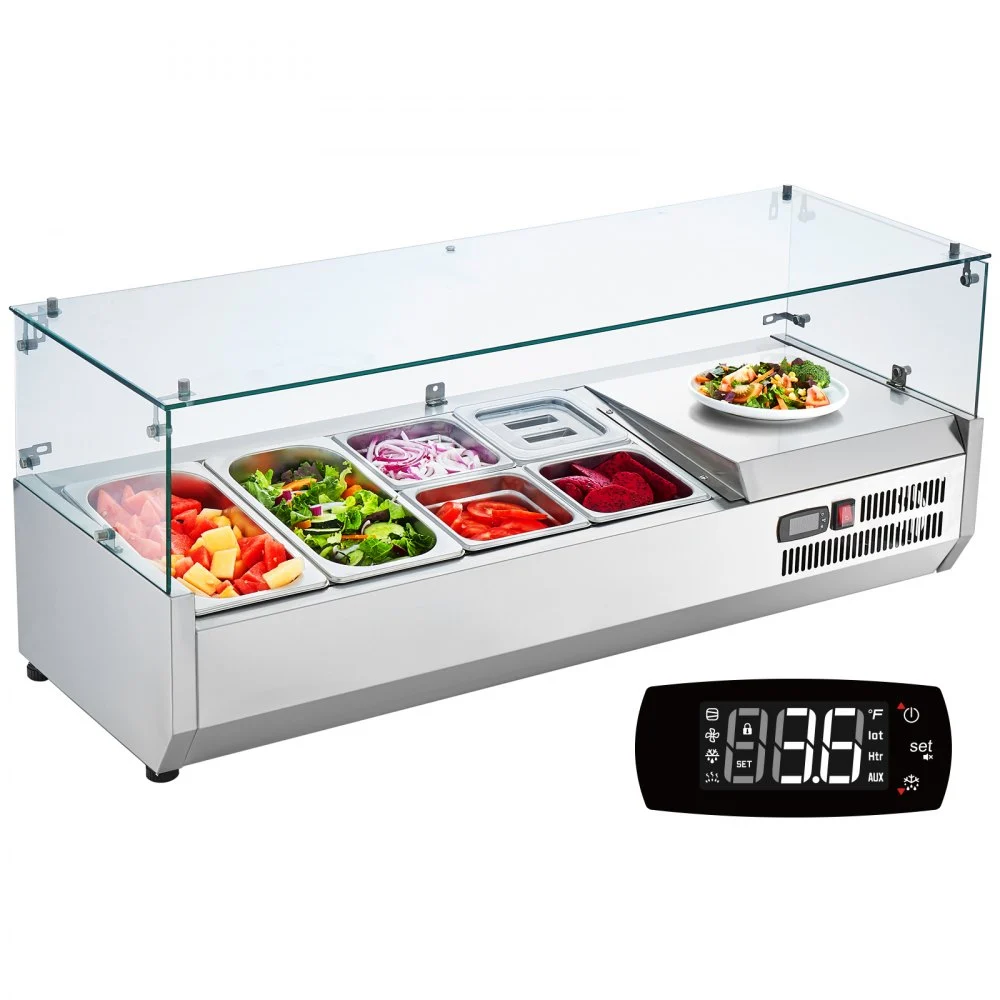 Summer Sale
VEVOR Refrigerated Condiment Prep Station, 135 W Countertop Refrigerated Condiment Station, with 2 1/3 Pans & 4 1/6 Pans, 304 Stainless Body and PC Lid, Sandwich Prep Table with Glass Guard, ETL