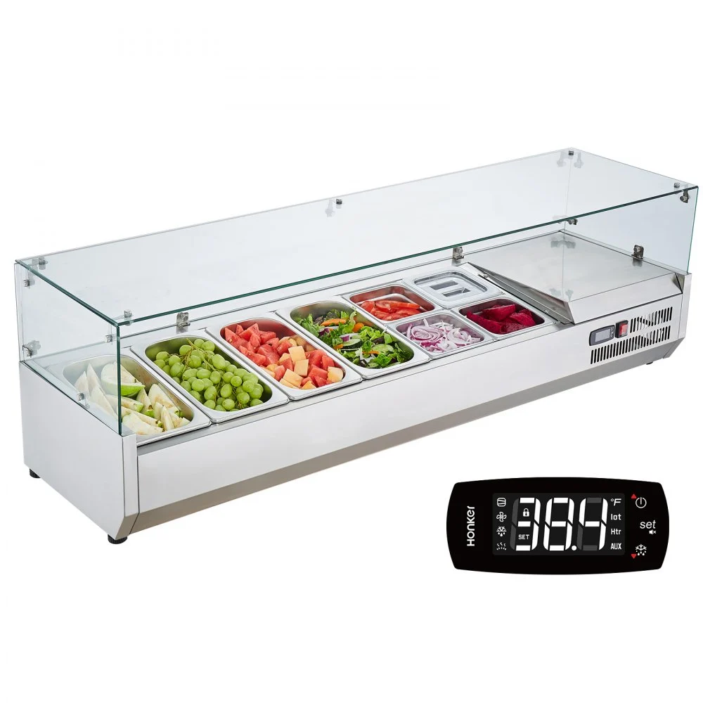 Summer Sale
VEVOR Refrigerated Condiment Prep Station, 150 W Countertop Refrigerated Condiment Station, with 4 1/3 Pans & 4 1/6 Pans, 304 Stainless Body and PC Lid, Sandwich Prep Table with Glass Guard, ETL