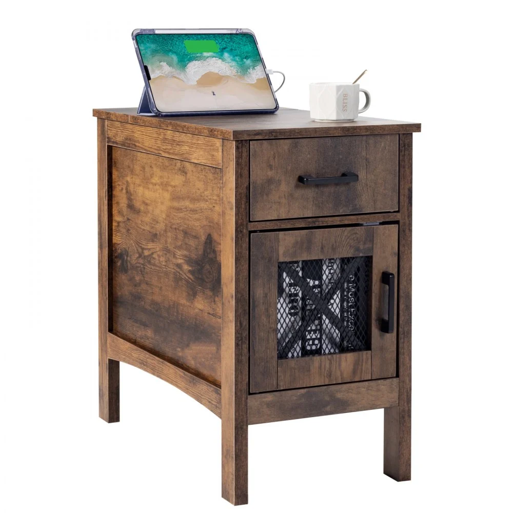 VEVOR Farmhouse End Table, Nightstand with Charging Station, 3 Tiers End Table with Storage Cabinet and 1 Drawer, Side Table with USB Ports and Outlets, Ideal for Living Room, Bedroom, Burlywood