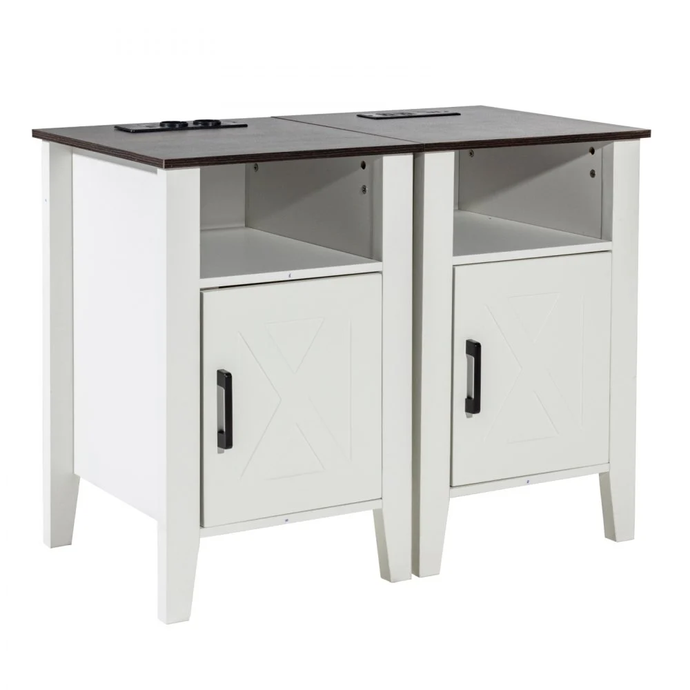 VEVOR Farmhouse End Table Set of 2, Nightstand with Charging Station, 3 Tiers Side Table with Storage Cabinet, End Table with USB Ports and Outlets, Ideal for Living Room, Bedroom, Office, White