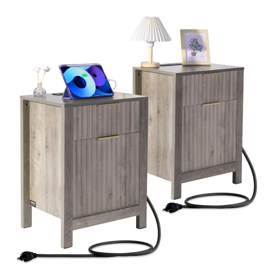 VEVOR Farmhouse End Table Set of 2, Nightstand with Charging Station, 3 Tiers Side Table with Storage Cabinet and 2 Drawers, Side Table with USB Ports and Outlets, Ideal for Living Room, Bedroom, Gray