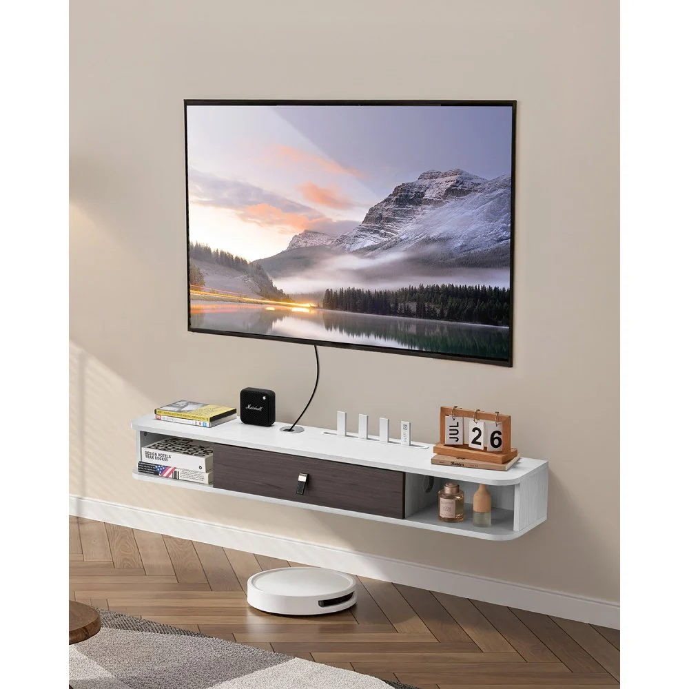 VEVOR Floating TV Stand, 47 in Wall Mount Entertainment Center with Cable Hole, Modern Floating TV Shelf with Storage Cabinet, Particle Board Console for DVD Player, Cable Box, Game Console, White