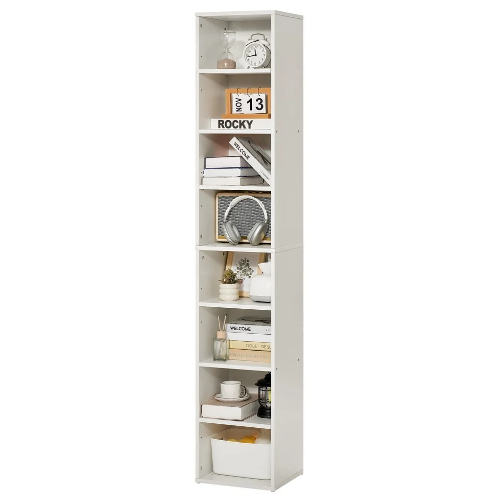 VEVOR 8 Tiers Narrow Bookshelf, 71 in Wooden Tall Open Bookcase with  Height-Adjustable Shelf, Freestanding Display Storage Floor Bookcase Bookshelf for Library, Bedroom, Living Room, Office, White