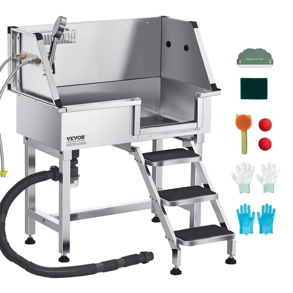 VEVOR 34 Inch Stainless Steel Dog Washing Station, Pet Grooming Tub with Hot & Cold Faucet, Showerhead, Home Wash Sink,, Fits Small Cats and Dogs, Non-Slip Stairs (Right Door)