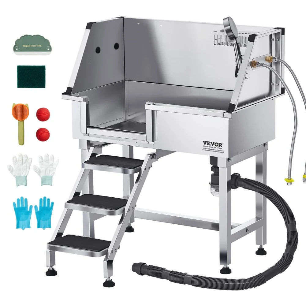 VEVOR 34 Inch Stainless Steel Dog Washing Station, Pet Grooming Tub with Hot & Cold Faucet, Showerhead, Home Wash Sink, Fits Small Cats and Dogs, Non-Slip Stairs (Left Door)