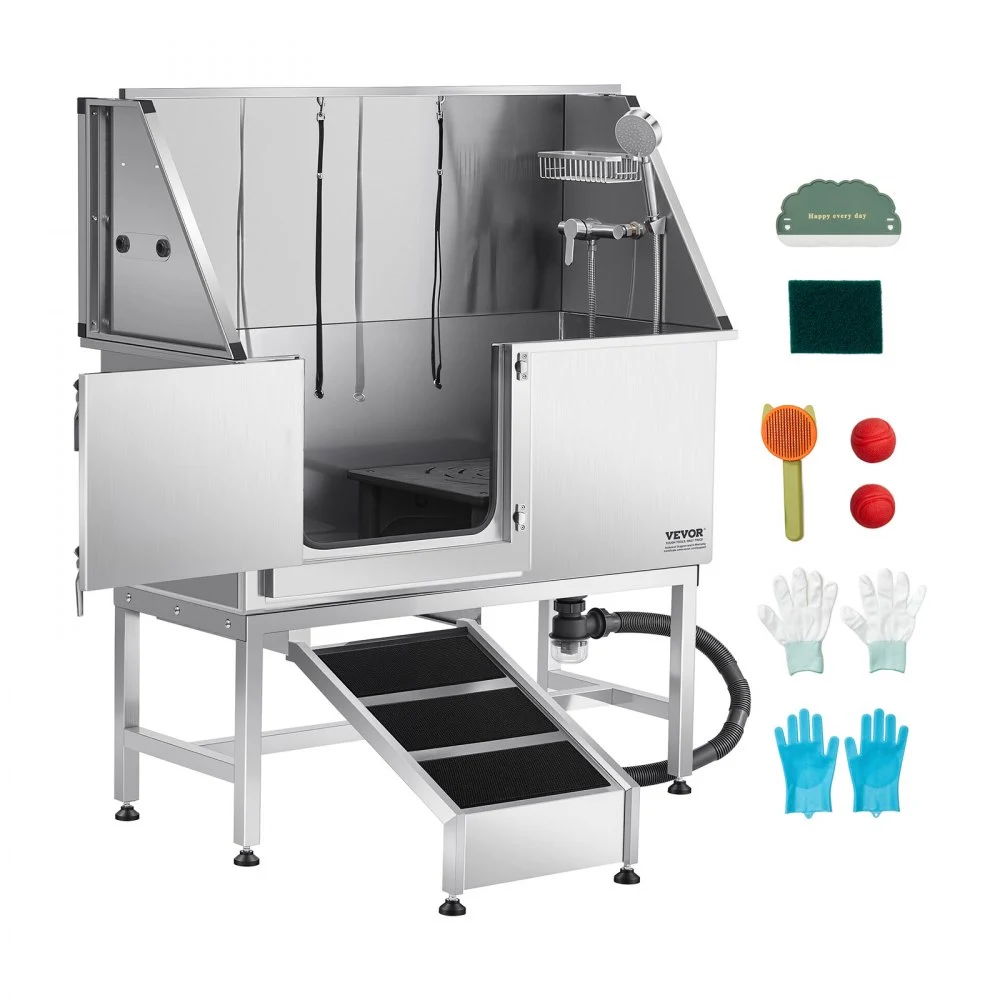 VEVOR Stainless Steel Dog Washing Station, 50 inch Pet Grooming Tub w/ Ramp, PE Water Filter Board, Faucet & Showerhead & Soap Holder Dog Bathtub for Large & Medium & Small Pets (Left Door)