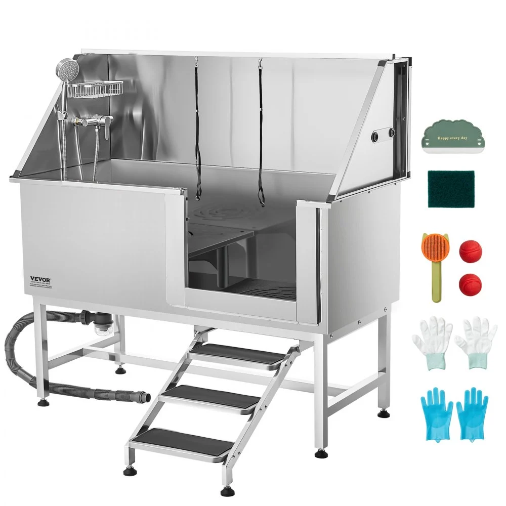 VEVOR Stainless Steel Dog Washing Station, 62 inch Pet Grooming Tub w/ Stairs, PE Water Filter Board, Faucet & Showerhead & Soap Holder Dog Bathtub for Large & Medium & Small Pets (Right Door)