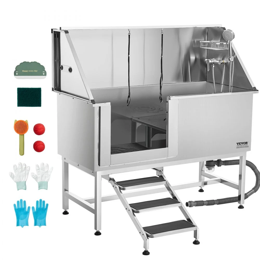 VEVOR Stainless Steel Dog Washing Station, 62 inch Pet Grooming Tub w/ Stairs, PE Water Filter Board, Faucet & Showerhead & Soap Holder Dog Bathtub for Large & Medium & Small Pets (Left Door)