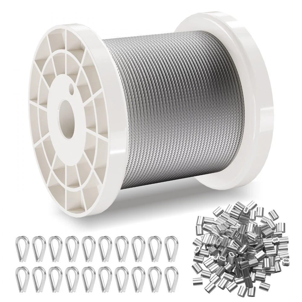 VEVOR Wire Rope Kit, 1/16" 330 ft 304 Stainless Steel Cable with 80 Sleeves and 20 Thimbles, 450 lbs Breaking Strength, 7x7 Strands Marine Aircraft Grade for Handrail Stair Decking Fence Outdoors