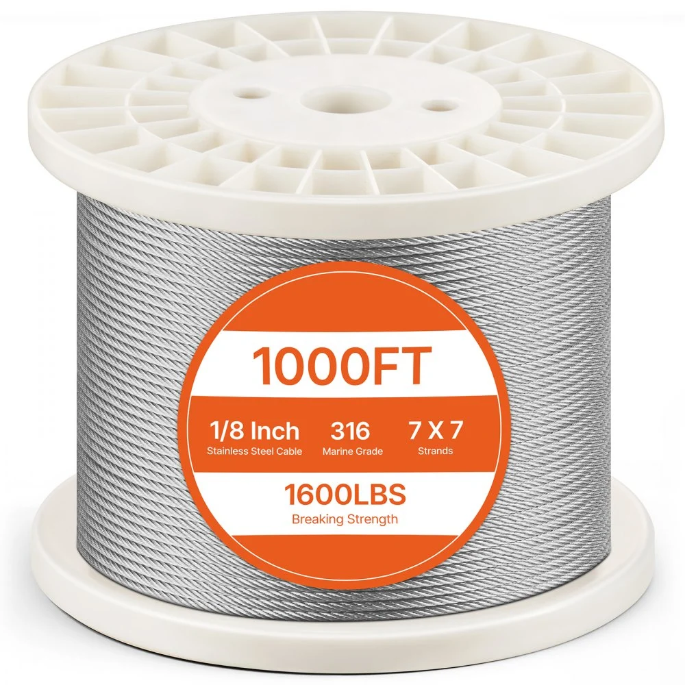 VEVOR Wire Rope Kit, 1/8" 1000 ft 316 Stainless Steel Cable with Cutter and Gloves, 1600 lbs Breaking Strength, 7x7 Strands Construction Marine Aircraft Grade for Handrail Stair Decking Fence Outdoors