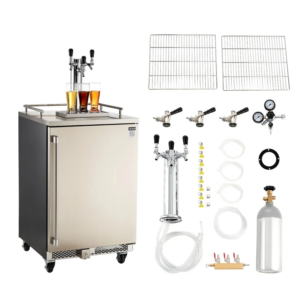 VEVOR Beer Kegerator, Triple Tap Commercial Draft Beer Dispenser for D system, Full Size Keg Refrigerator with 5lbs CO2 Tank, Hold 3 Sixth / 2 Slim / 3 Ball lock keg, 160L